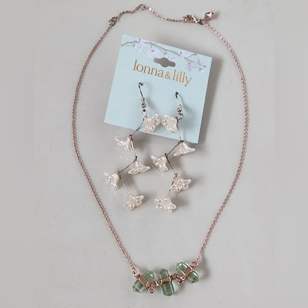 Lonna And Lily Beige Dangle Earrings And Rose Gold Necklace